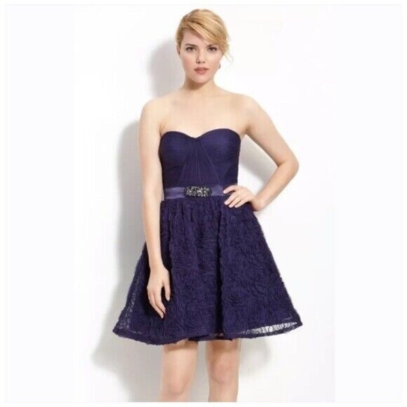 Adrianna Papell Cocktail Prom Dress Size 12 Purple Pleat Bodice Rosette Tulle - Picture 1 of 7